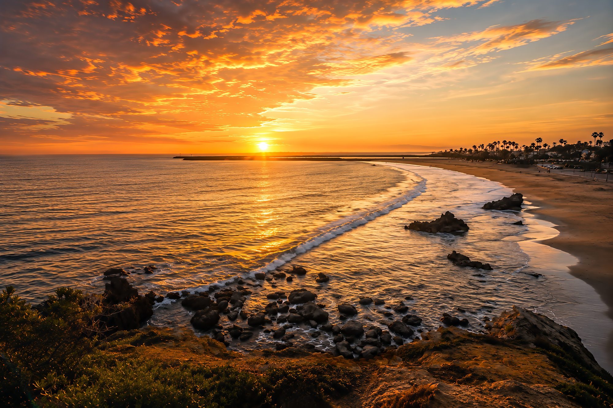 Sun on the water and rocks at Corona del Mar at sunset