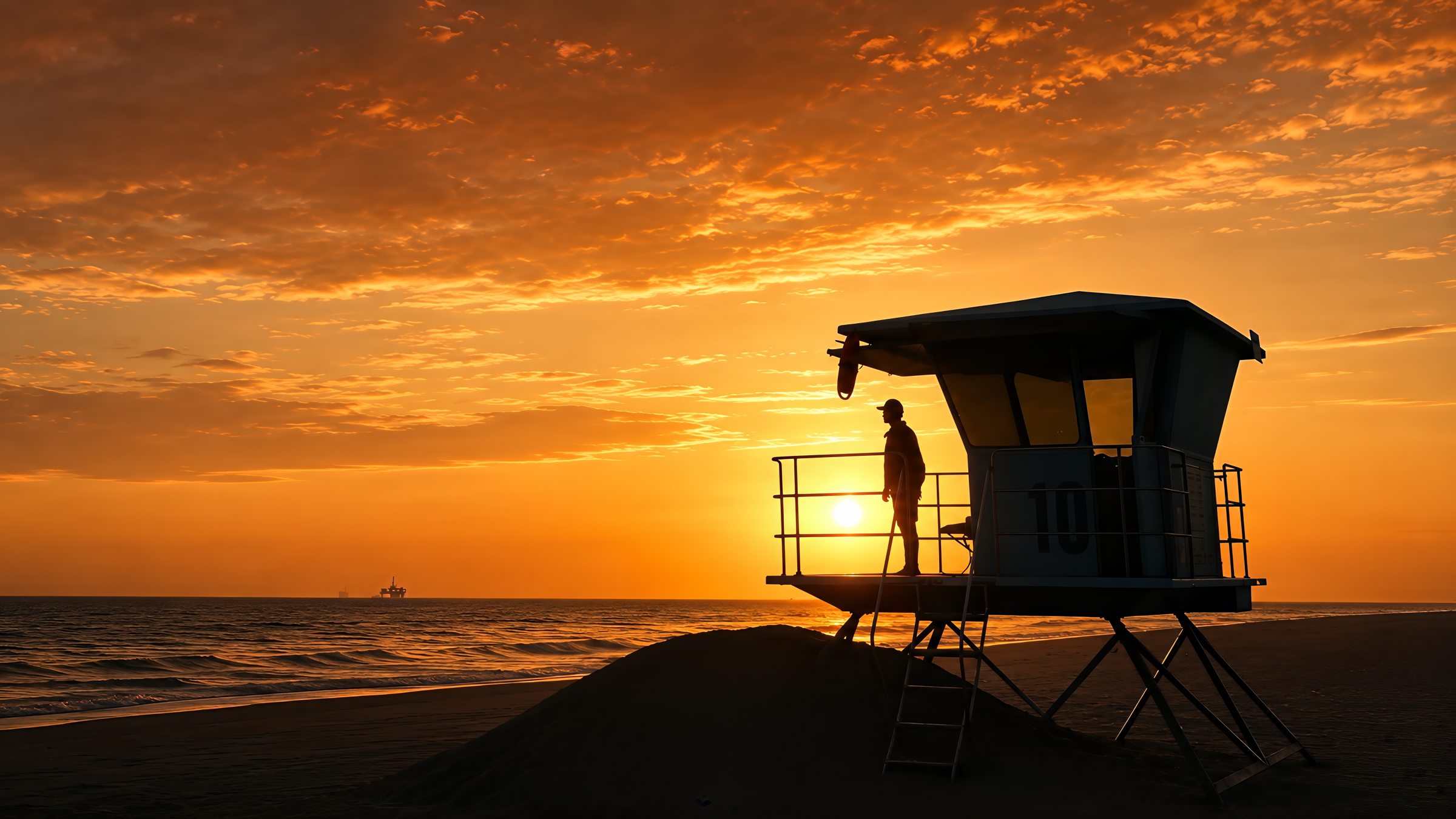 Lifeguard Tower 10 in silhouette against an orange sunset, Newport Beach
